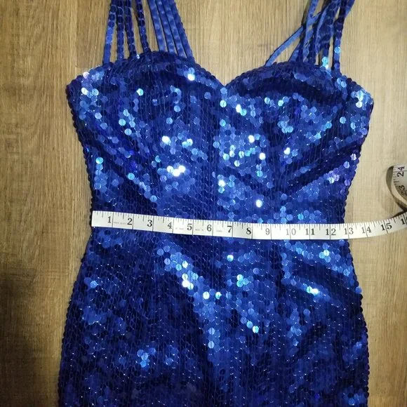 Sz 4 (fits modern size) Early 90s Vintage Niteline Royal Blue Sequin Gown Dress - Picture 9 of 12